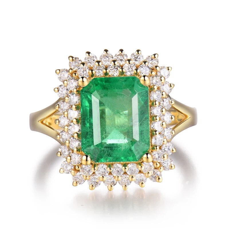 LANMI Ring For Women Natural 7x9mm Emerald Real 18Kt Yellow Gold Genuine Diamonds Anniversary Engagement Femme Rings Jewelry