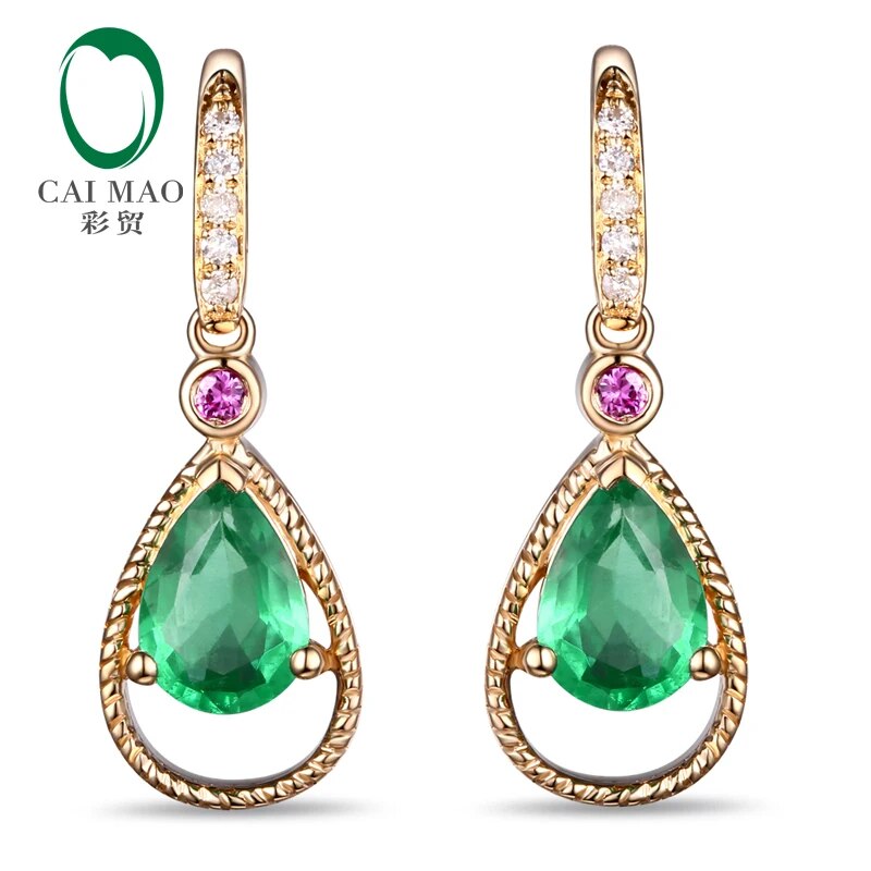 Caimao Jewelry 14k Yellow Gold Natural Pear Cut 5x7mm Emerald & 0.08ct Diamonds Pink Sapphires Engagement Earrings