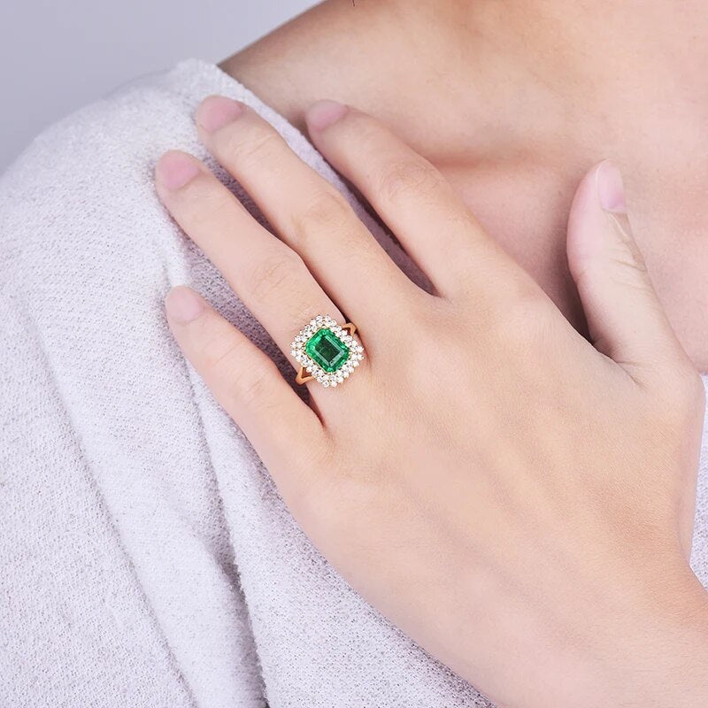 LANMI Ring For Women Natural 7x9mm Emerald Real 18Kt Yellow Gold Genuine Diamonds Anniversary Engagement Femme Rings Jewelry