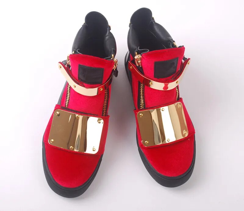Chentel Noble Suede Leather Men Casual Shoes Party Shoes Men High Quality Flats Metal ZIP Sneakers Red Color Big Size Unisex
