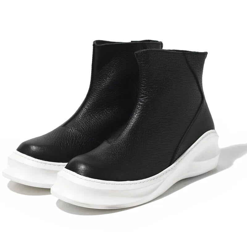 New Men Casual Boots Cow Leather High-TOP Ankle Boots Luxury Trainers Spring Zip Flats Black Shoes Sneakers