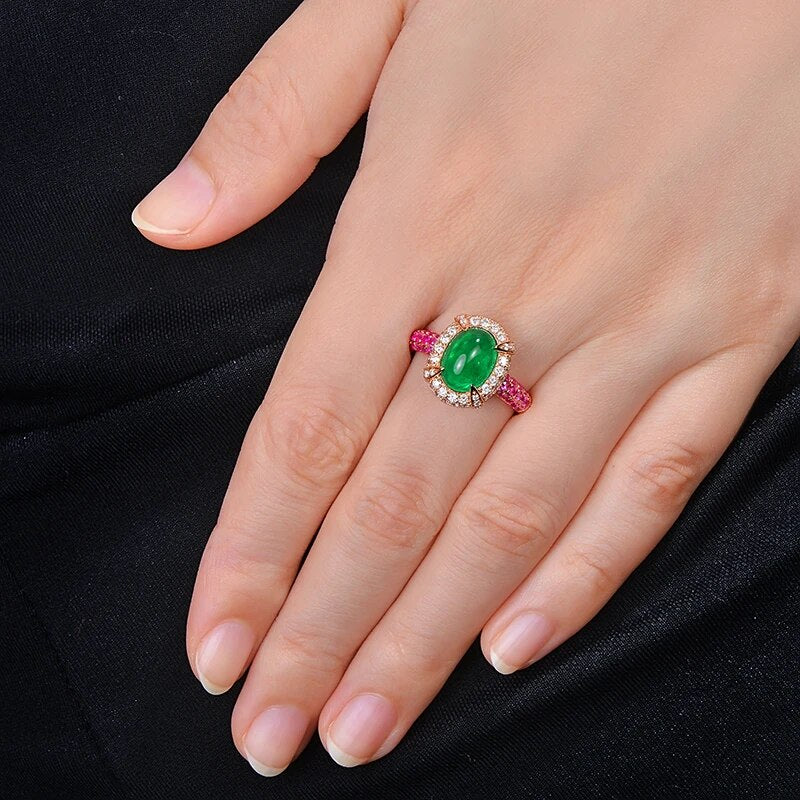 14K Rose Gold 2.15ct Natural Emerald 1.12ctw Diamonds & Pink Sapphires Engagement Ring