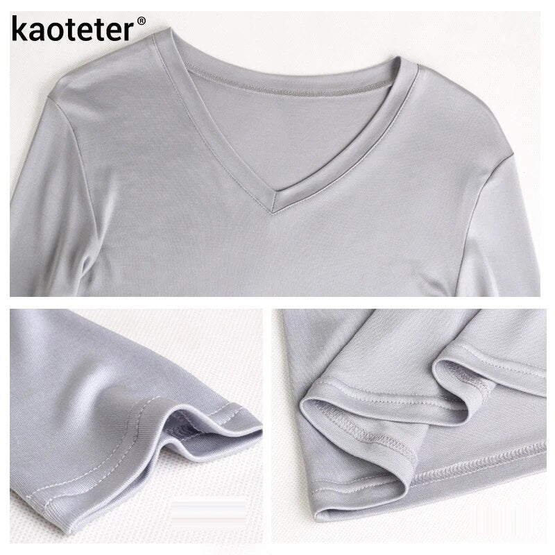 100% Real Silk Man's T-shirts Autumn Winter Full Long Sleeve V Neck Man Wild Black White Color Male Bottoming Tee Shirts Tops