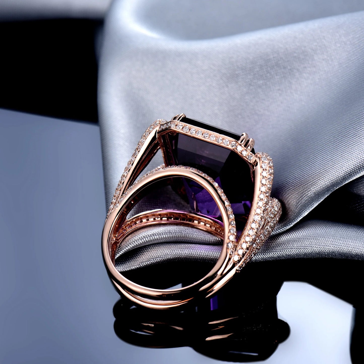 Natural Amethyst Rings For Women Elegant Ladies Emerald Cut 15x20mm Amethyst Diamonds Engagement Party Ring Real 14Kt Rose Gold