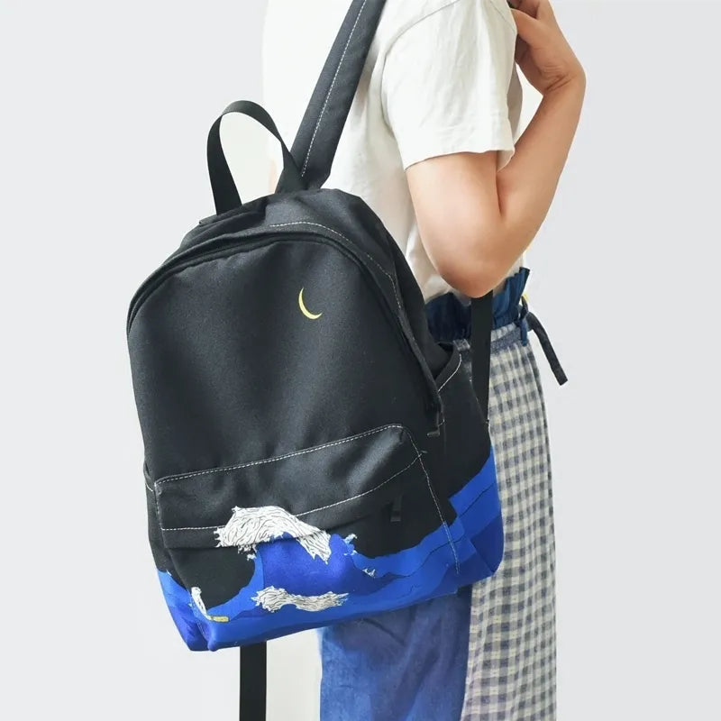 Moon Wood Women Backpack Black Blue Travel Bag Print Sea Moon Casual Canvas Backpack School Bags For Teenager Girls Sac