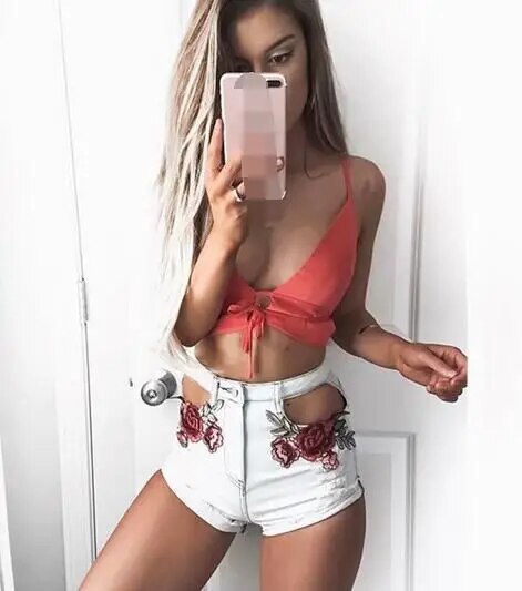 50pcs/lot european style female sexy rose denim shorts high waist embroidery denim shorts