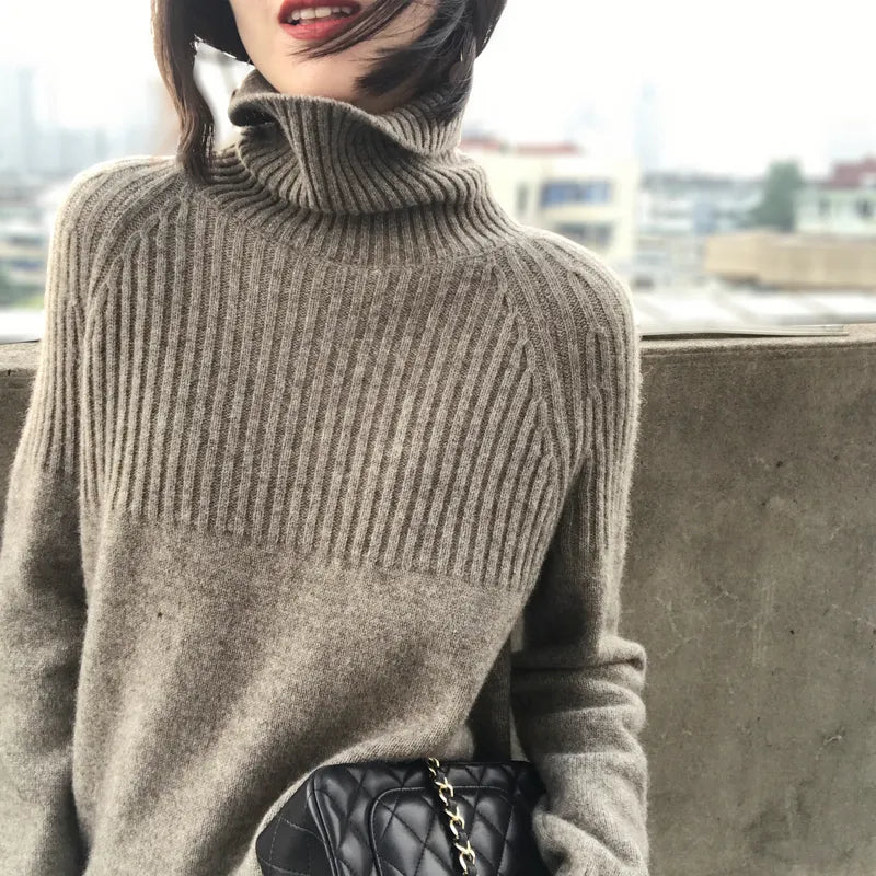 BELIARST  Autumn and Winter 100% Pure wool Sweater Women's High Collar Loose Pullover Lazy Wind Sweater  Was Thin