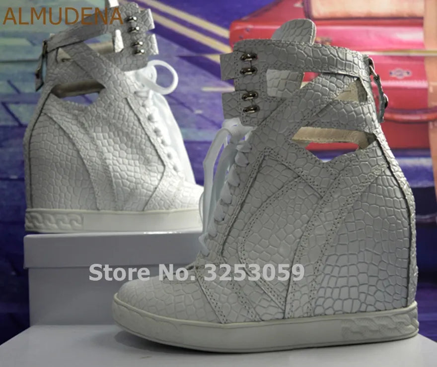 ALMUDENA White Stone Pattern Snakeskin Real Leather Sneakers Wedge Height Increasing Lace-up Short Boots Dropship Casual Shoes