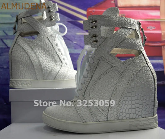 ALMUDENA White Stone Pattern Snakeskin Real Leather Sneakers Wedge Height Increasing Lace-up Short Boots Dropship Casual Shoes