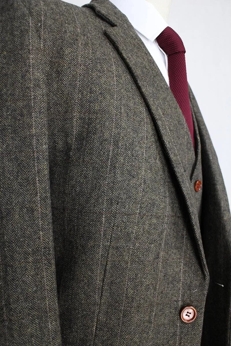 Free Shipping Custom Made Dark green Herringbone Men Suits Slim Fit wedding suit men's Tailor made Suit(Jacket+Pants+Vest)
