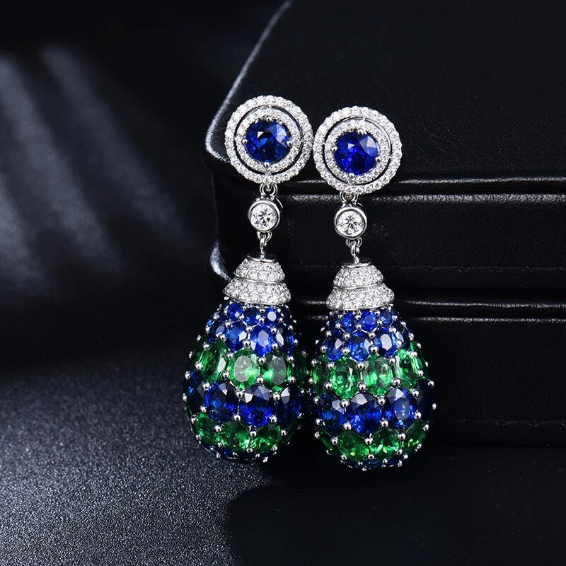 LOVERJEWELRY Luxury Jewelry Solid 18KT White Gold Blue Sapphire Drop Earrings Tsavorite Diamond Earrings For Women Party Wedding