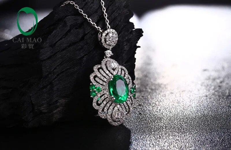 Free shipping 2.12ct Emerald 14kt White Gold Round Cut Diamonds Pendant For Necklace