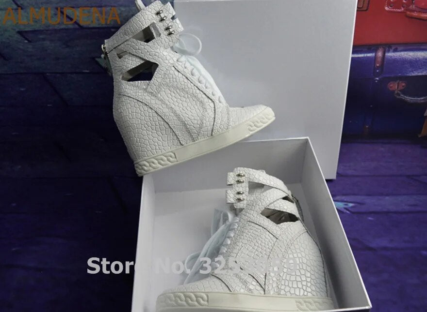 ALMUDENA White Stone Pattern Snakeskin Real Leather Sneakers Wedge Height Increasing Lace-up Short Boots Dropship Casual Shoes