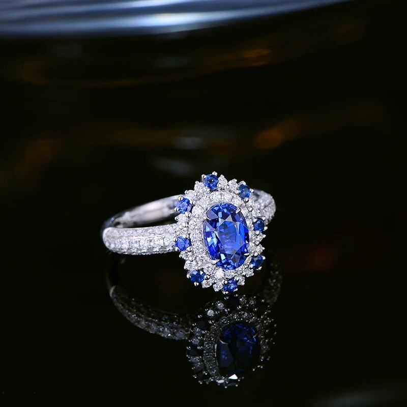 CaiMao 1.57ct Natural Sapphire Ring with Halo Diamonds 18kt White Gold Engagement Wedding Jewelry