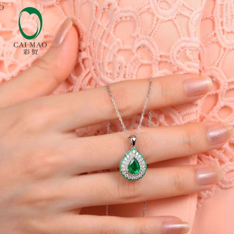 18K/Au750 Pear Shape 1.63ctw Natural Emearld & Diamonds Engagement Pendant Caimao Jewelry