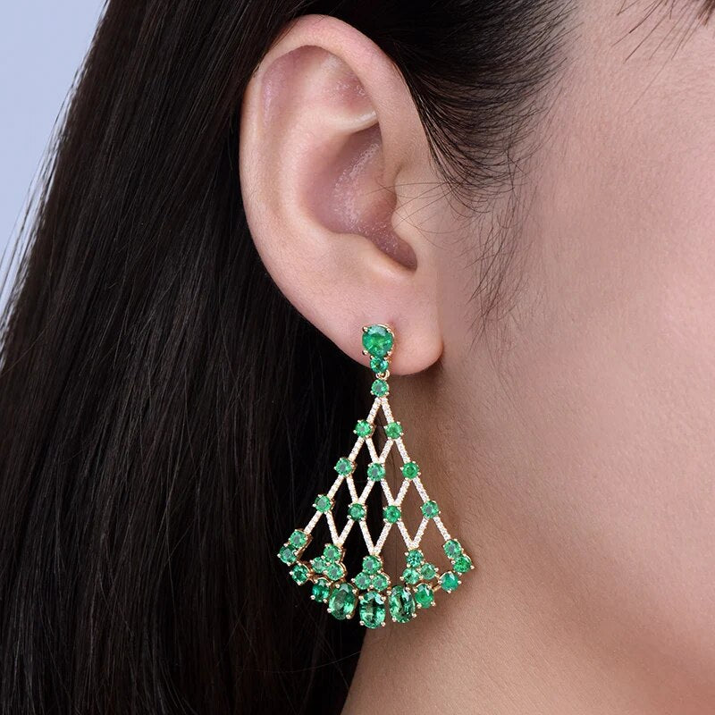 LOVERJEWELRY Luxury Female Fine Jewelry 18Kt Yellow Gold Earrings Natural VS Emerald Genuine SI Diamonds Women Drop Earrings