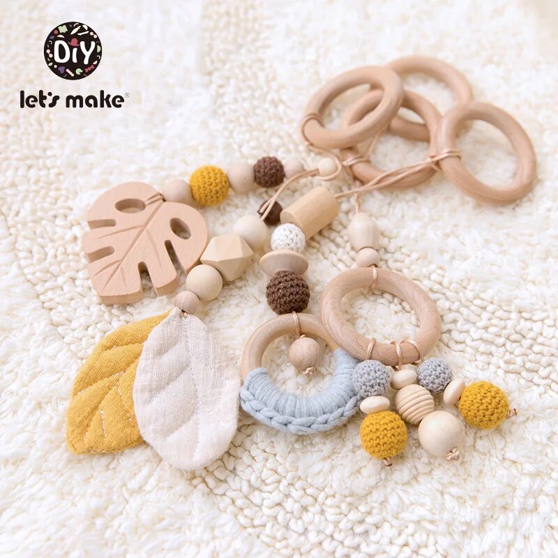 Let's Make Baby Toys 1set/4pcs Play Gym Wooden Beads Beech leaf Pendant Teething Nursing Stroller 0-12 Months Baby Rattle Toys
