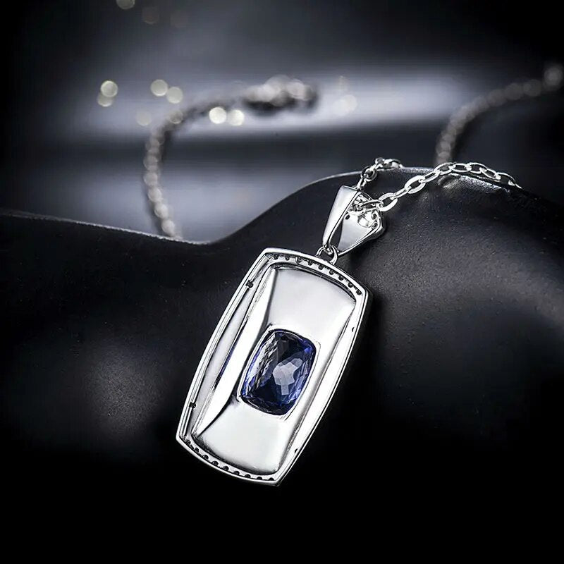 LOVERJEWELRY Cool Solid 18K White Gold Mens Necklace Pendants Natural 7x10mm Cushion Cut Tanzanite Diamonds Pendant for Husband