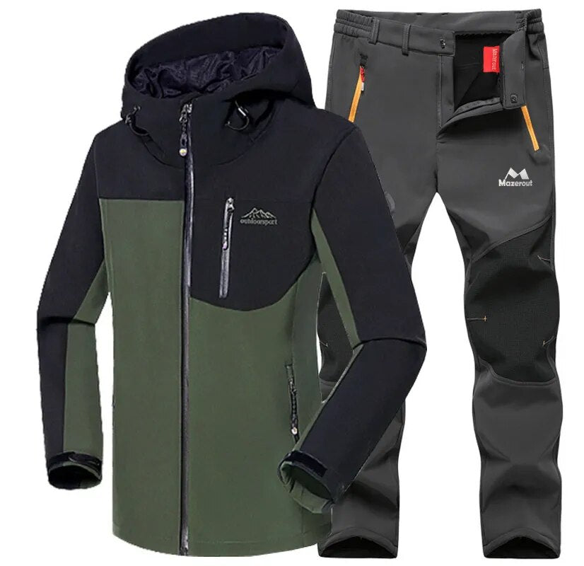 Man Winter Waterproof Fish Ski Warm Softshell Fleece Hiking Outdoor Jackets Trekking Camp Coat Set Pants Climb Oversize Trousers - KAISERINC