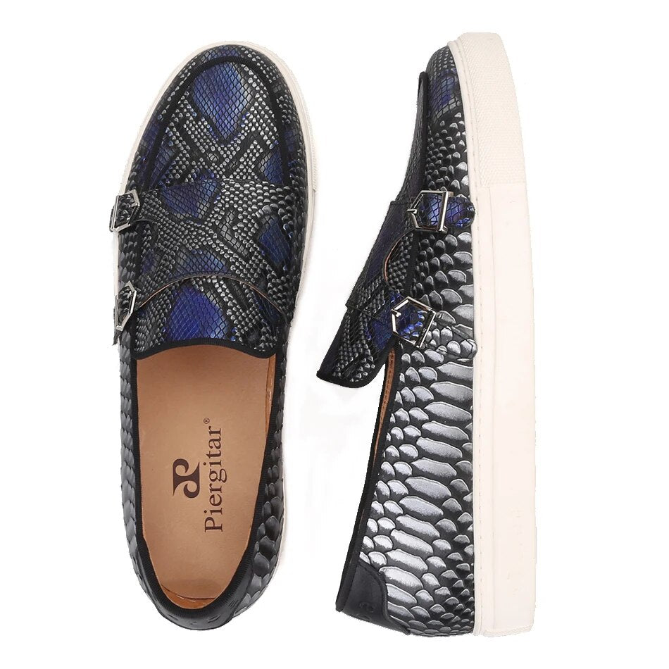Piergitar 2019 mixed colors Genuine Leather Snake print Men sneakers Handcrafted Sporty style men's casual shoes white bottom
