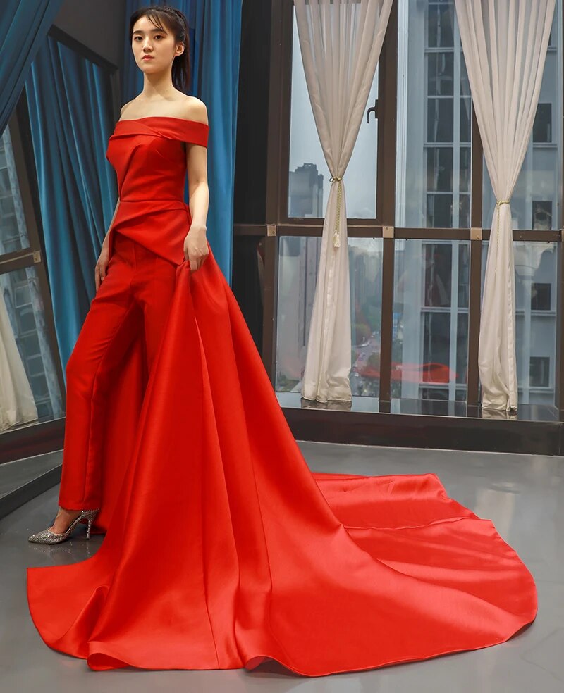 J66846 jancember red wedding party dresses with pants off shoulder boat neck lace up back engagement dresses abiye gece elbisesi