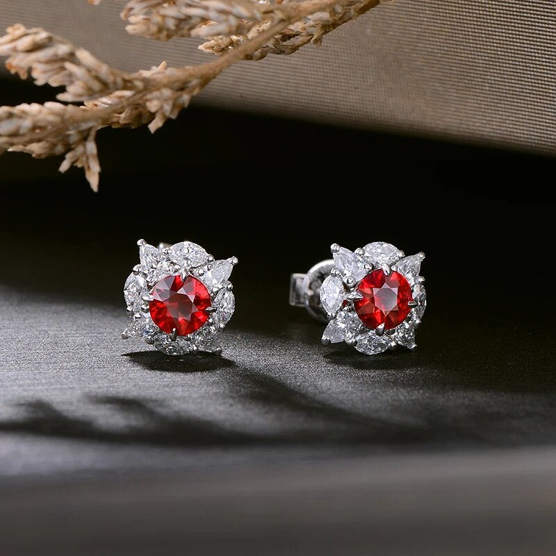 Caimao 0.69ct Natural Round Red Ruby and Diamonds 18kt White Gold Earrings Studs for Womens