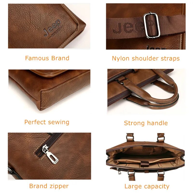 JEEP BULUO Business Men Briefcase Bag Luxury Leather 13.3 inches Laptop Bag Man Shoulder Bag bolsa maleta Handbag Casual 9616