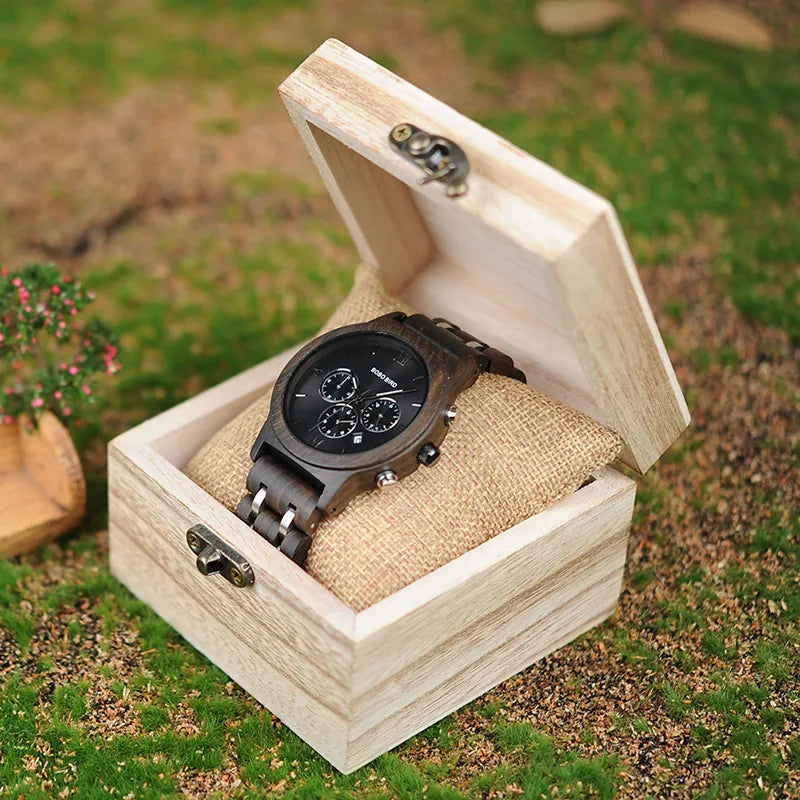 BOBO BIRD Wooden Men Watch Wooden Stainless Steel Date Quartz Chronograph Watches Luxury Men's Gift Timepieces relogio masculino