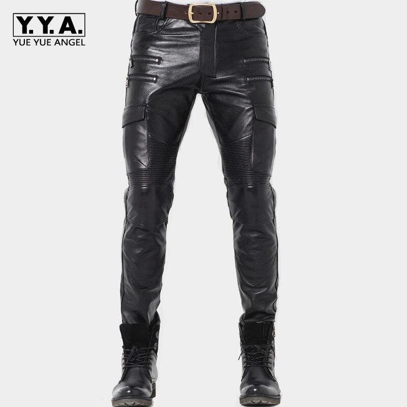 Fashion Mens Leather Pants New Punk Trousers Skinny Genuine Leather Pants Joggers Pants For Men Zipper Straight Pants Plus Size