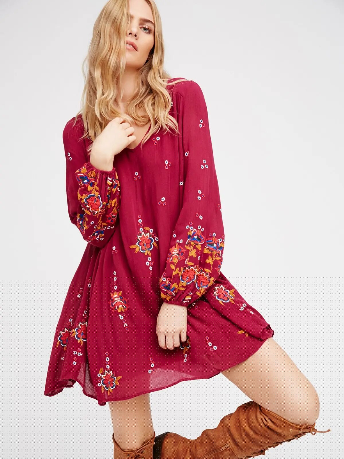 2020 Women's Clothing Boho Dress New Classic Loose Bohemian V-neck Embroidery Flower Dress Long Sleeve Summer Large Dress
