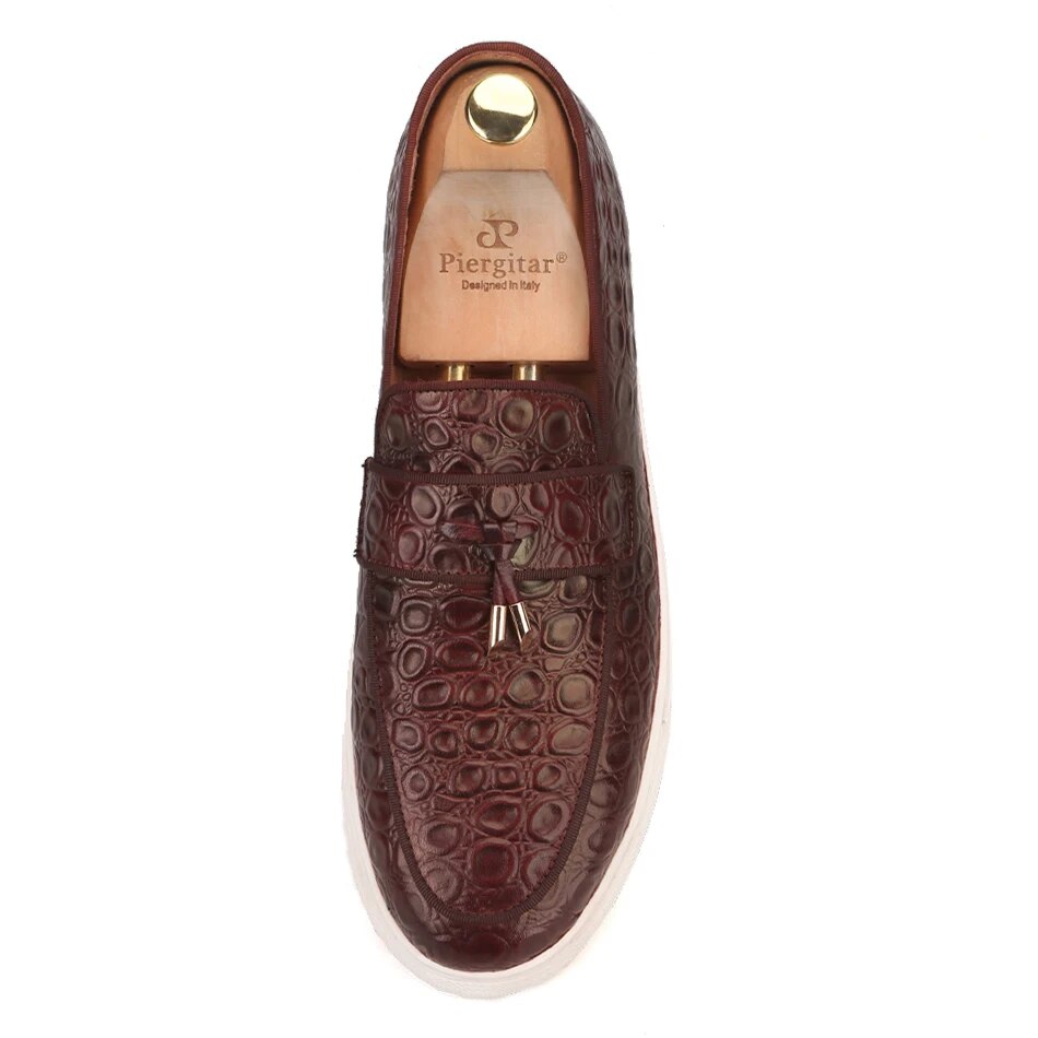 Piergitar 2019 brown colors Genuine Leather Men sneakers with tassel Handcrafted Sporty style men's casual shoes white outsole