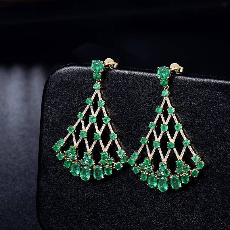 LOVERJEWELRY Luxury Female Fine Jewelry 18Kt Yellow Gold Earrings Natural VS Emerald Genuine SI Diamonds Women Drop Earrings
