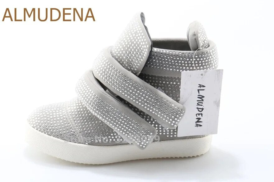 ALMUDENA Ladies Bling Bling Black Grey Crystal Sneakers Hook&Loop Height Increasing Wedge Heels Casual Shoes Ankle Boots