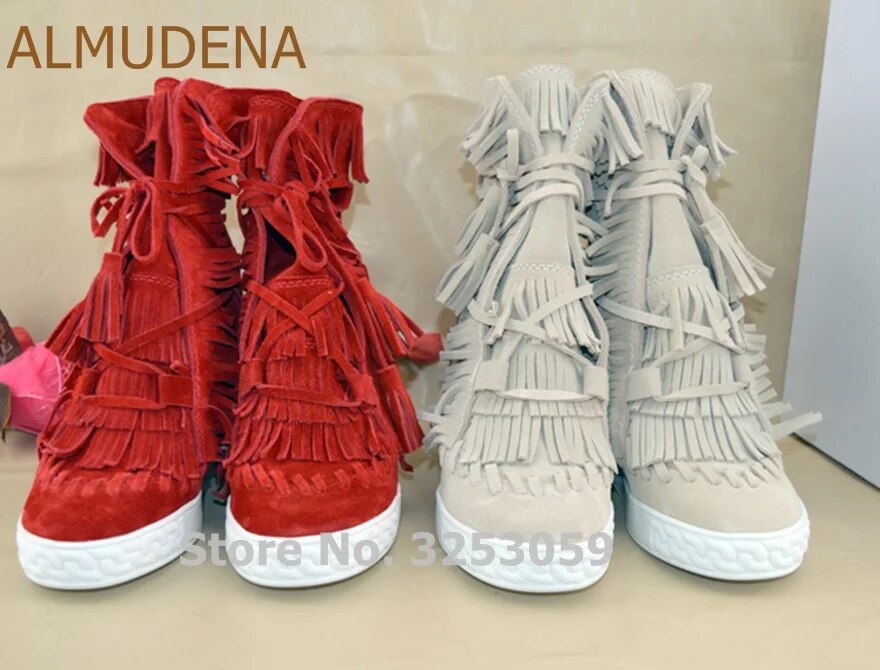 ALMUDENA Beige Red Blue Suede Fringe Sneakers Wedge Heel Height Increasing High Top Lace-up Casual Shoes Tassel Leisure Boots