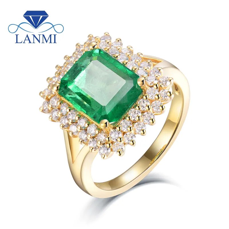 LANMI Ring For Women Natural 7x9mm Emerald Real 18Kt Yellow Gold Genuine Diamonds Anniversary Engagement Femme Rings Jewelry