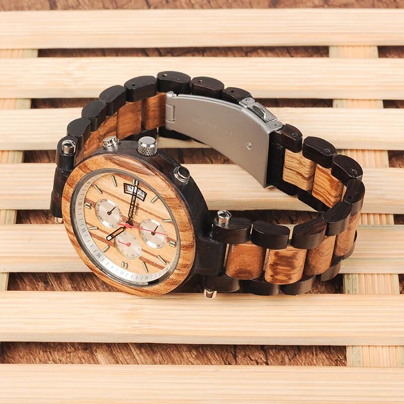 BOBO BIRD WP17 Men Wood Multi-function Ebony Watches Wood Band Fashion Quartz Male Clock Back Cap Custom Watch