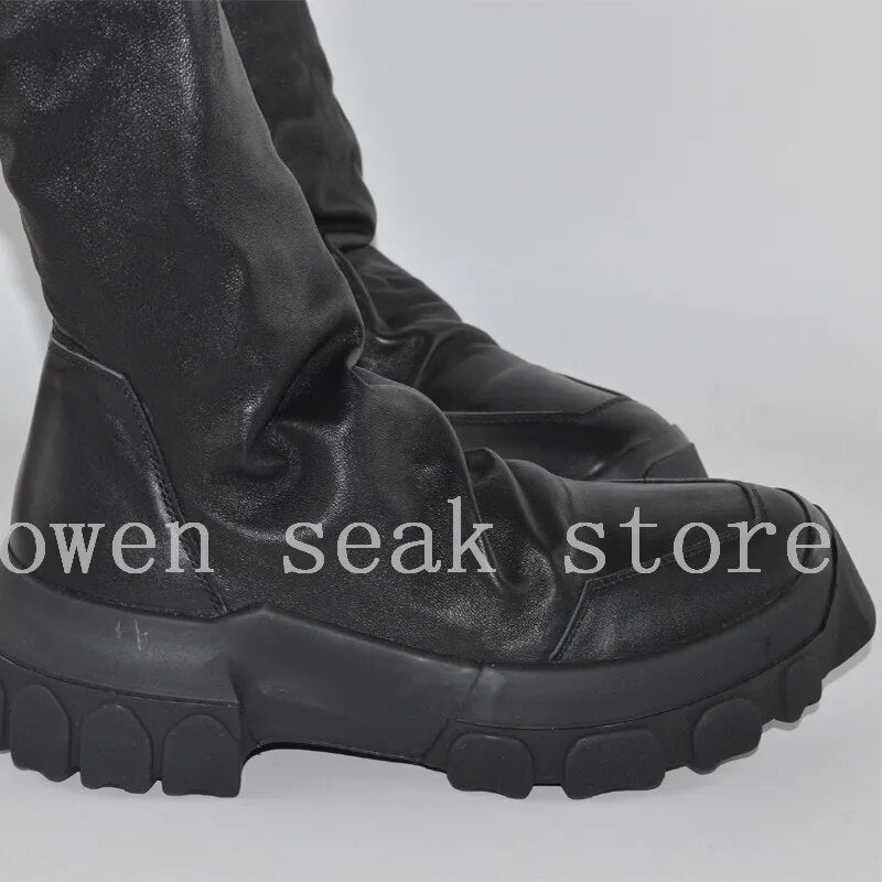 Owen Seak Men Shoes Knee High Boots Sheepskin Leather Luxury Trainers Women Winter Boots Casual Flats Shoes Black Big Sneakers