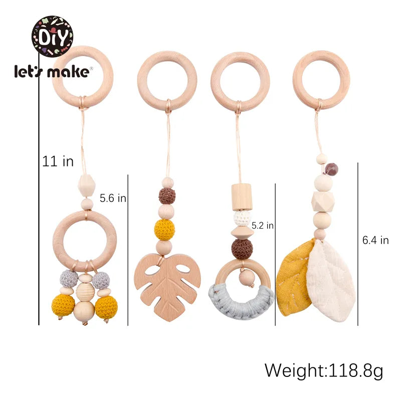 Let's Make Baby Toys 1set/4pcs Play Gym Wooden Beads Beech leaf Pendant Teething Nursing Stroller 0-12 Months Baby Rattle Toys
