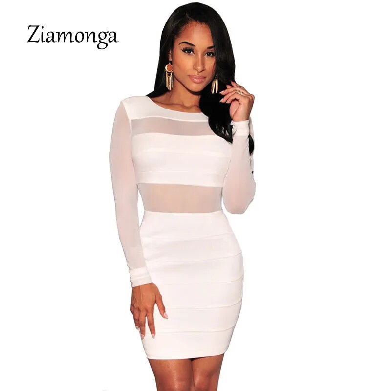 XS-XXL Sexy Bandage Dress New Winter Black White Dress Long Sleeve Mesh Patchwork Hollow Out Pencil Bodycon Dress Female Dresses - KAISERINC