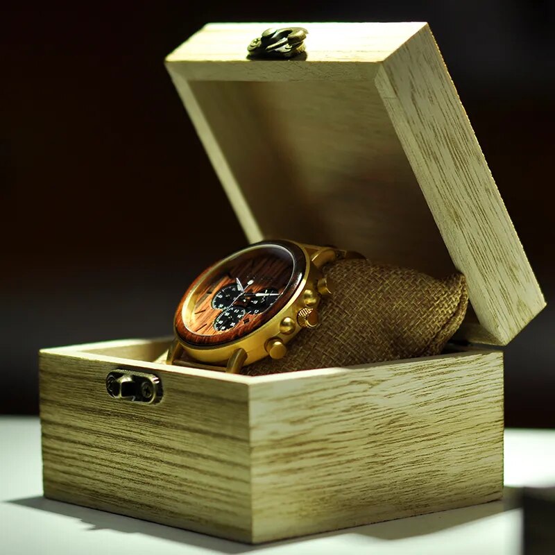 BOBO BIRD Gold Watch Men Luxury Brand Wooden Wristwatches Male Date Display Stop Watches reloj golden hour