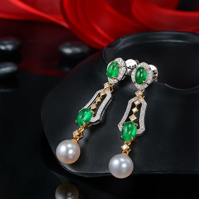 CAIMAO Natural 2.31ctw Cabochon Emeralds and Diamonds 8mm Pearl 18kt Multi-tone Gold Retro English Drop Earrings for Women