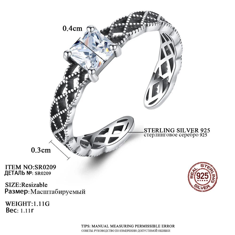 CZCITY Rhombic Design 925 Sterling Silver Adjustable Rings For Women Charming Clear Zircon Silver Bague Femme De Marque De Luxe