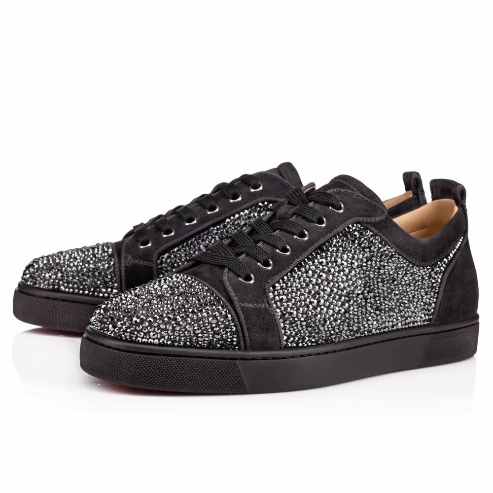 Fashion Blue Black Suede Leather Men Casual Shoes Rhinestone Sneakers Low Top Lace Up Flats Runway Chaussures Hommes