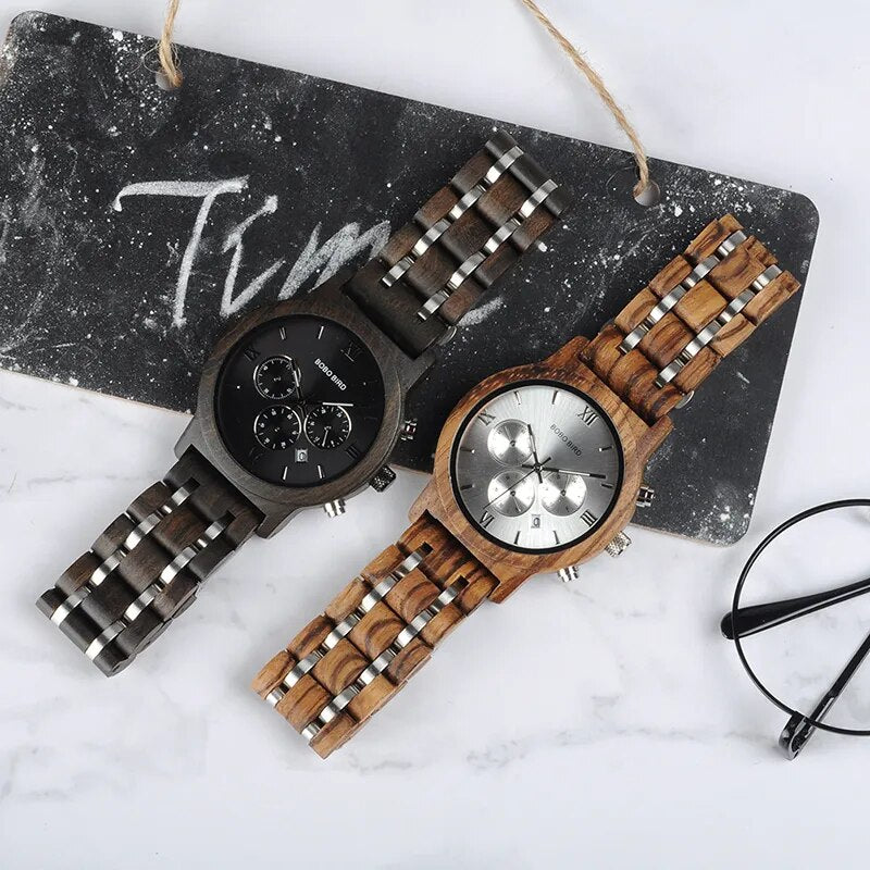 BOBO BIRD Wooden Men Watch Wooden Stainless Steel Date Quartz Chronograph Watches Luxury Men's Gift Timepieces relogio masculino