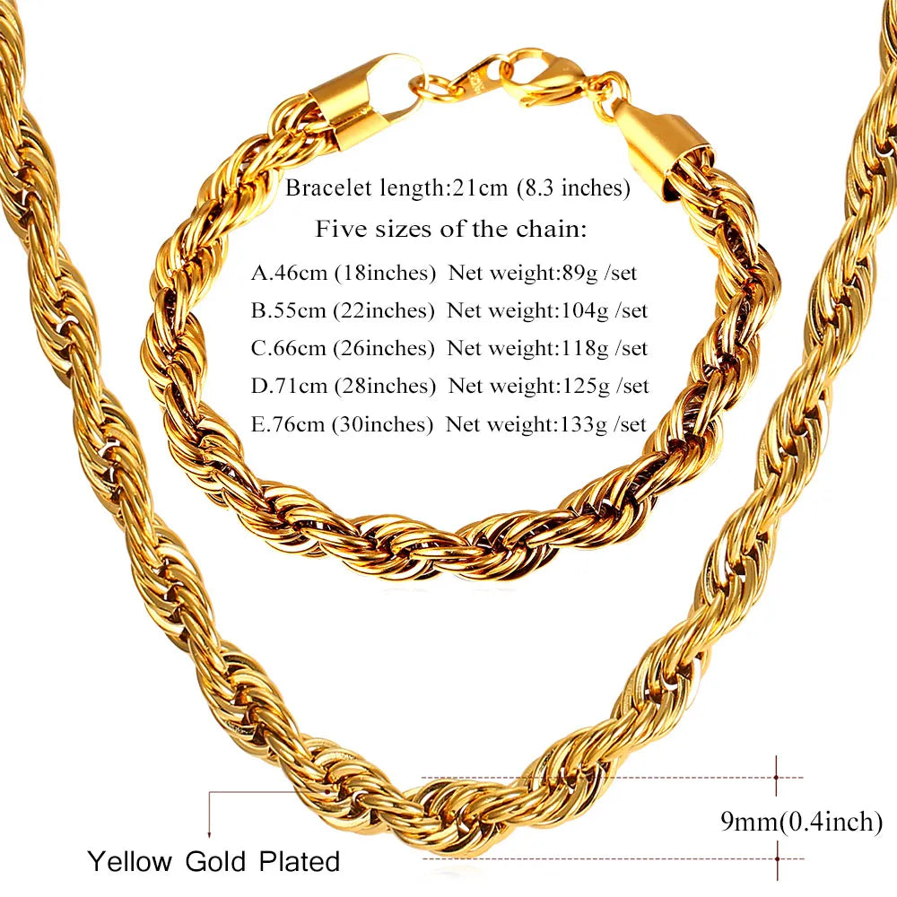 U7 Stainless Steel 9MM Twisted Rope Chain Necklace Set Wholesale Chain Necklace And Bracelet Men Jewelry Sets S840