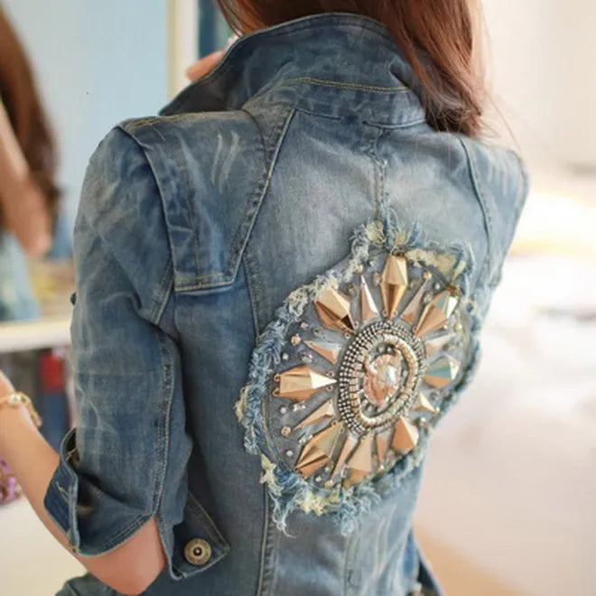 Women Short Cowboy Coats Leisure Outwear Slim Diamonds Half sleeve Women's Denim Blue Jacket Coat Holes Jean Jackets - KAISERINC