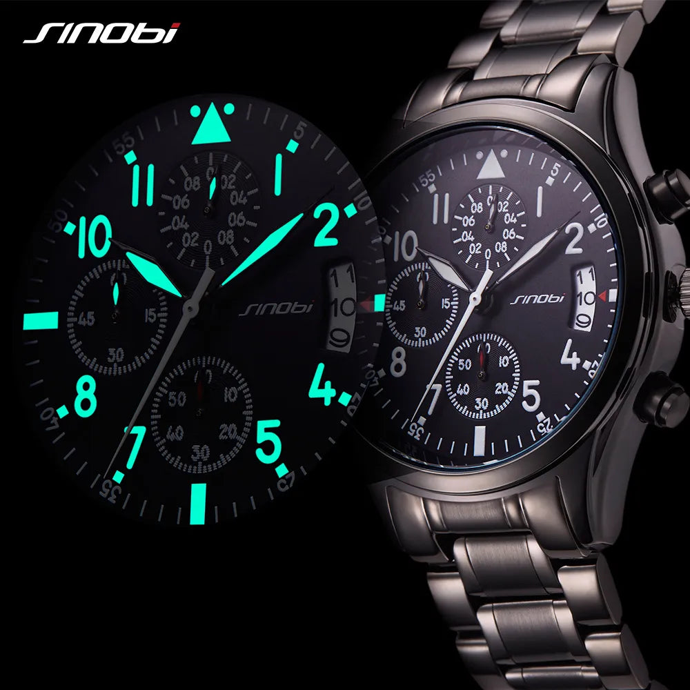 SINOBI High Quality Pilot Men's Chronograph Wrist Watch Waterproof Luxury Brand Stainless Steel Diver Males Geneva Quartz Clock