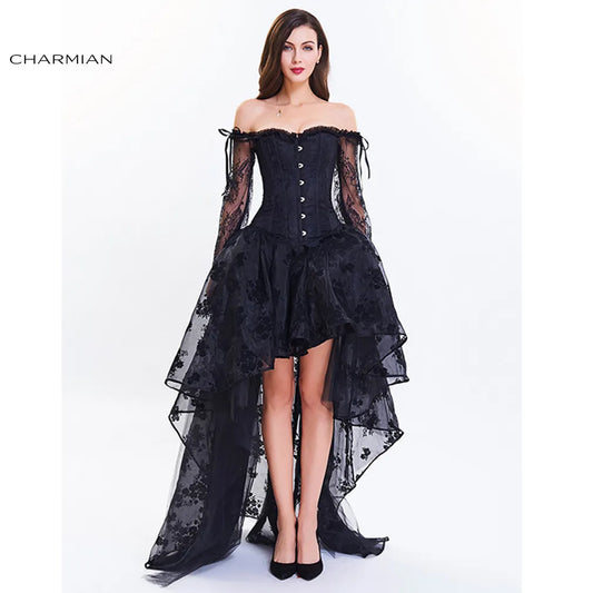Charmian Steampunk Corset Dress For Women Victorian Vintage Off Shoulder Floral Lace Sleeve Corset Top With High Low Skirt