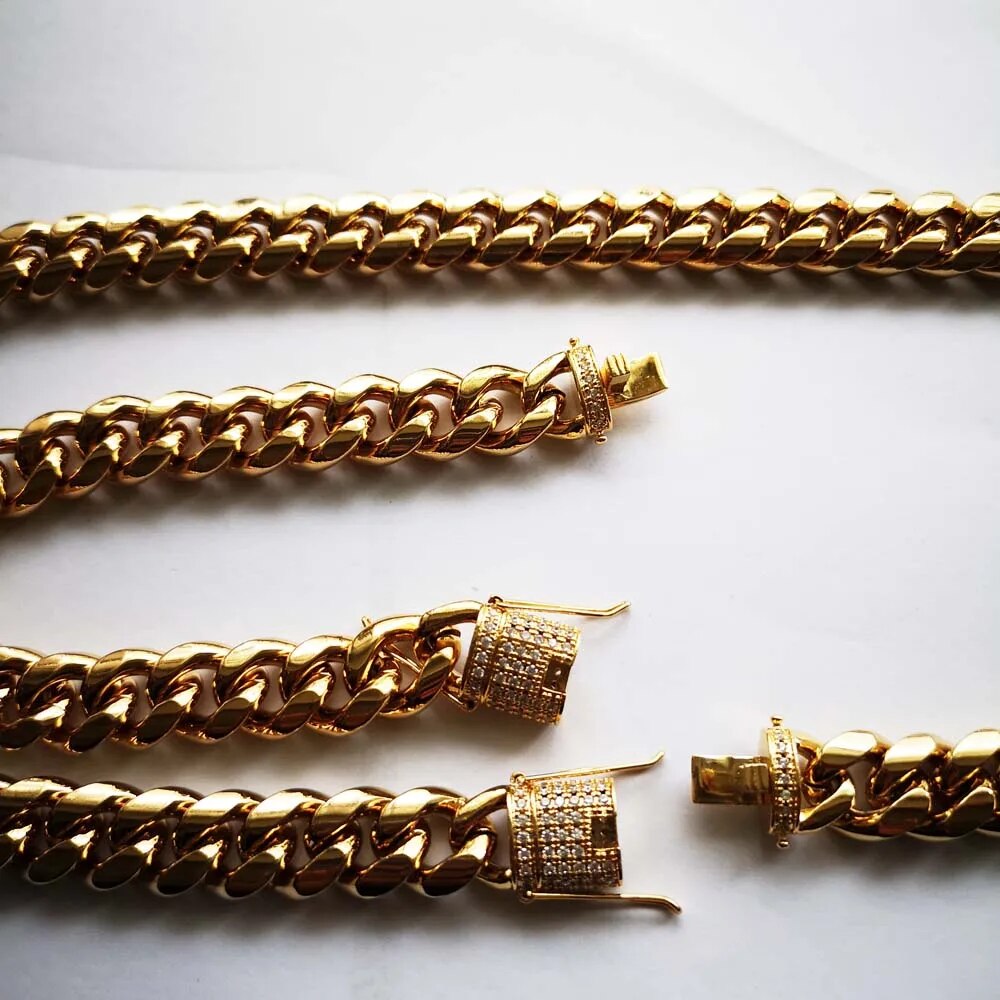 12mm Stainless Steel Luxury CZ Miami Cuban Chain Male Jewelery set Hip Hop Men Curb Rhinestone Clasp Link Necklace Bracelets