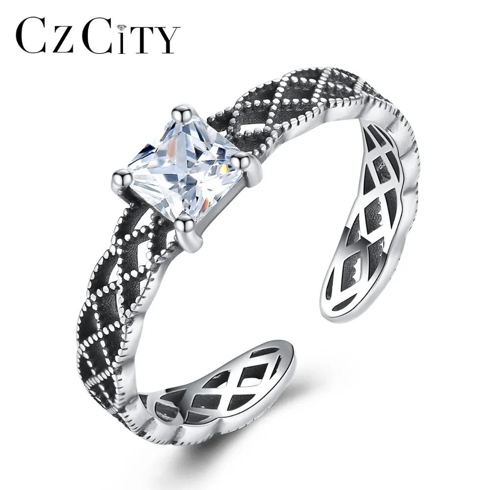 CZCITY Rhombic Design 925 Sterling Silver Adjustable Rings For Women Charming Clear Zircon Silver Bague Femme De Marque De Luxe